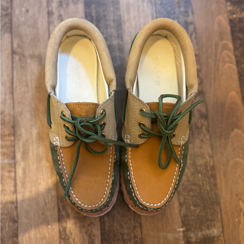 Timberland Tan and Green Boat Shoes